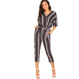 SHEIN Self Belted Striped Wrap OL Style Jumpsuit Women V neck Half Sleeve Casual Jumpsuit 2018 Spring Elegant Work Jumpsuit