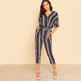 SHEIN Self Belted Striped Wrap OL Style Jumpsuit Women V neck Half Sleeve Casual Jumpsuit 2018 Spring Elegant Work Jumpsuit