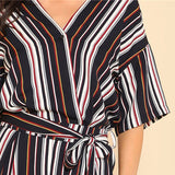 SHEIN Self Belted Striped Wrap OL Style Jumpsuit Women V neck Half Sleeve Casual Jumpsuit 2018 Spring Elegant Work Jumpsuit