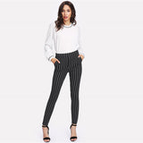 SHEIN Vertical Striped Skinny Pants Women Elastic Waist Pocket OL Style Work Trousers 2018 Spring Mid Waist Long Pencil Pants