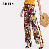 SHEIN Tropical Print Straight Leg Pants Women Drawstring Waist Patchwork Wide Leg Trousers 2018 Summer Tropical Long Pants