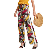 SHEIN Tropical Print Straight Leg Pants Women Drawstring Waist Patchwork Wide Leg Trousers 2018 Summer Tropical Long Pants