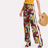 SHEIN Tropical Print Straight Leg Pants Women Drawstring Waist Patchwork Wide Leg Trousers 2018 Summer Tropical Long Pants