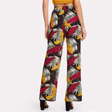 SHEIN Tropical Print Straight Leg Pants Women Drawstring Waist Patchwork Wide Leg Trousers 2018 Summer Tropical Long Pants
