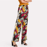 SHEIN Tropical Print Straight Leg Pants Women Drawstring Waist Patchwork Wide Leg Trousers 2018 Summer Tropical Long Pants