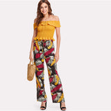 SHEIN Tropical Print Straight Leg Pants Women Drawstring Waist Patchwork Wide Leg Trousers 2018 Summer Tropical Long Pants
