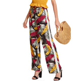 SHEIN Tropical Print Straight Leg Pants Women Drawstring Waist Patchwork Wide Leg Trousers 2018 Summer Tropical Long Pants